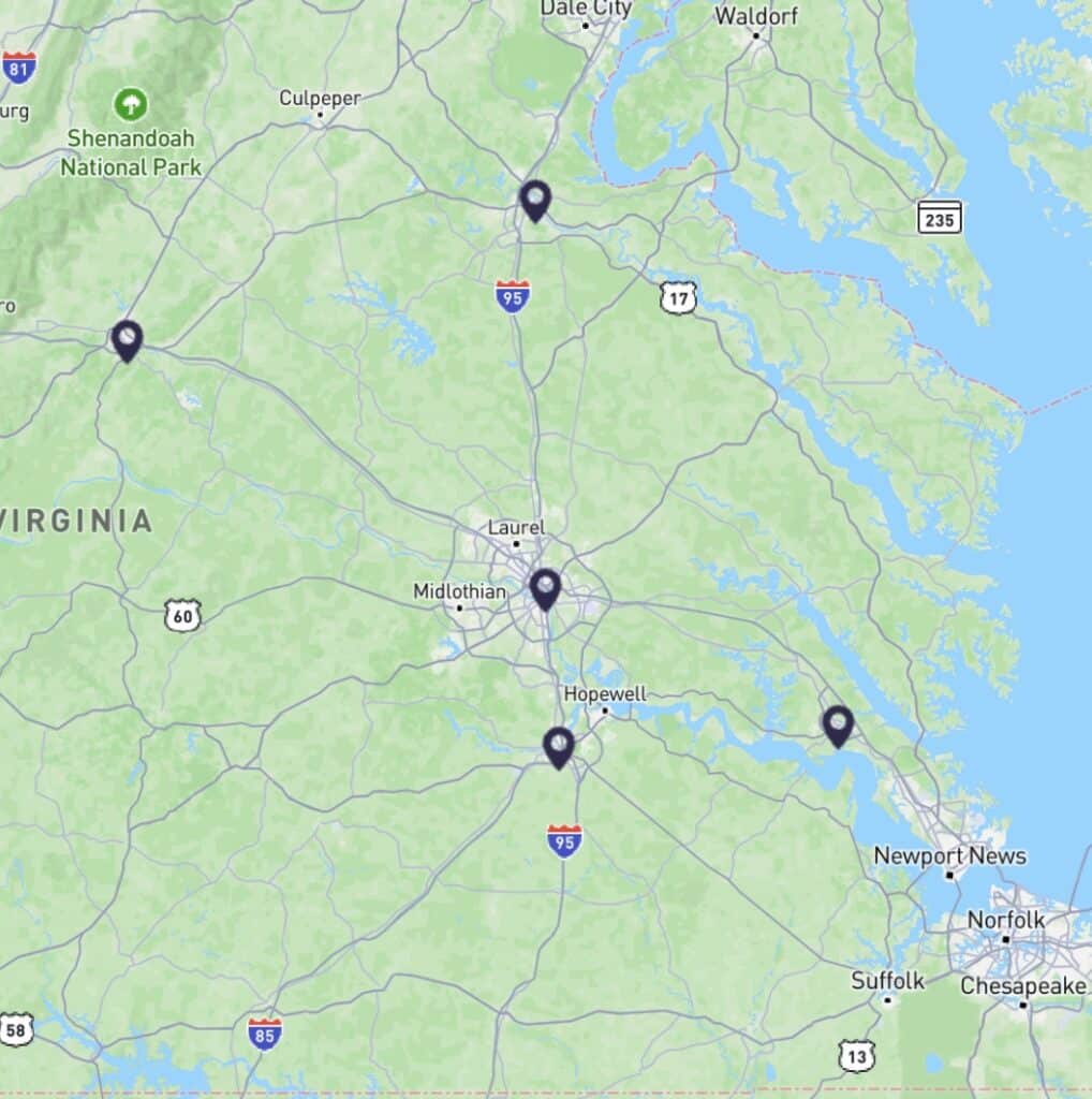 A map of eastern Virginia showing several marked locations near I-95, including Laurel, Hopewell, and areas close to Shenandoah National Park and the Chesapeake Bay.